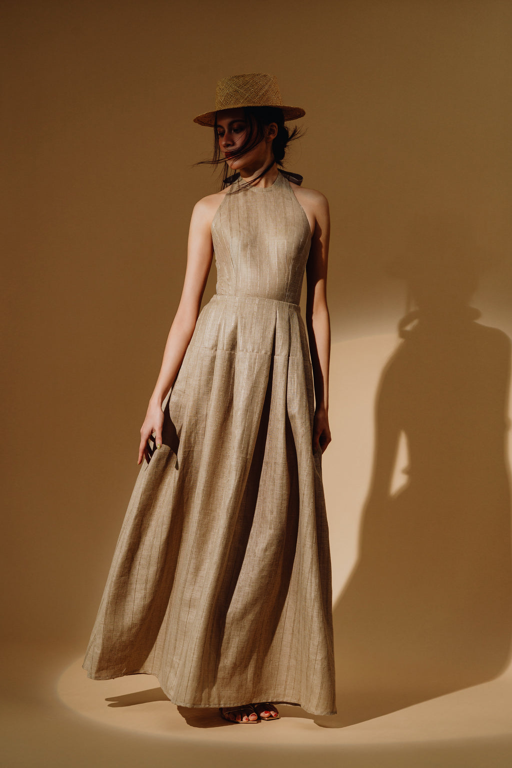 Linen Sequin Halter-Neck Maxi Dress and Bareback with Pleated Skirt