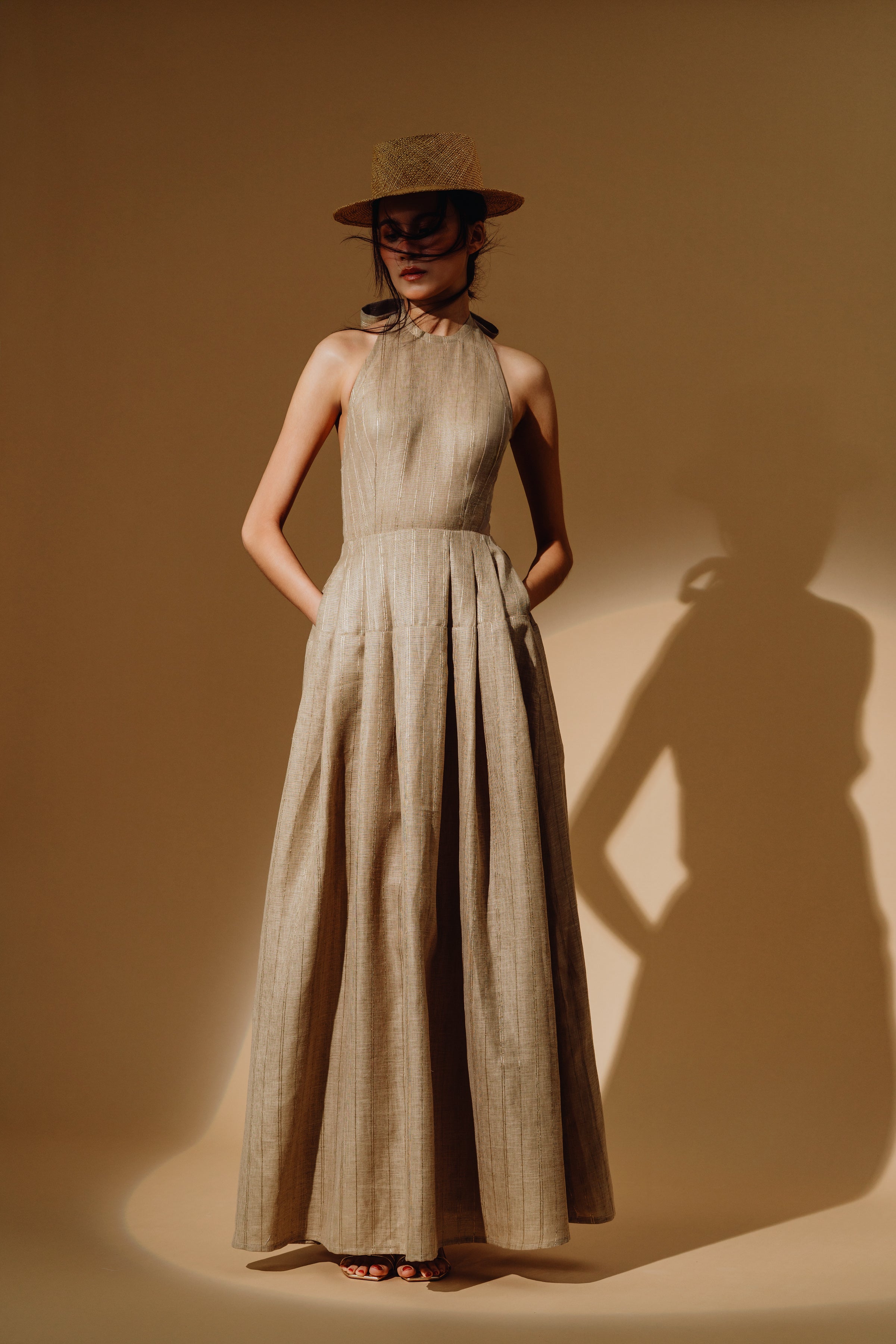 Linen Sequin Halter-Neck Maxi Dress and Bareback with Pleated Skirt