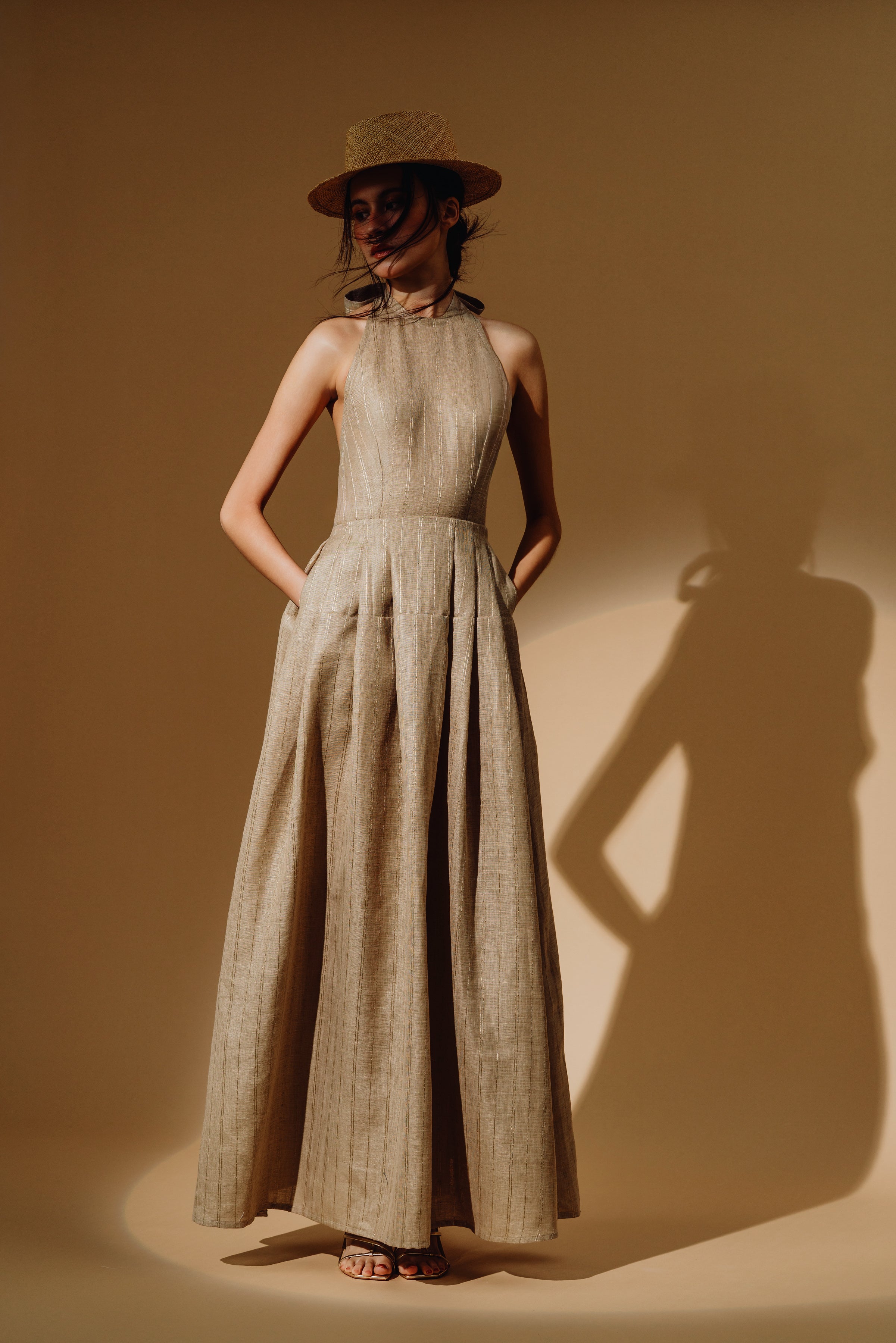 Linen Sequin Halter-Neck Maxi Dress and Bareback with Pleated Skirt