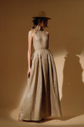 Linen Sequin Halter-Neck Maxi Dress and Bareback with Pleated Skirt