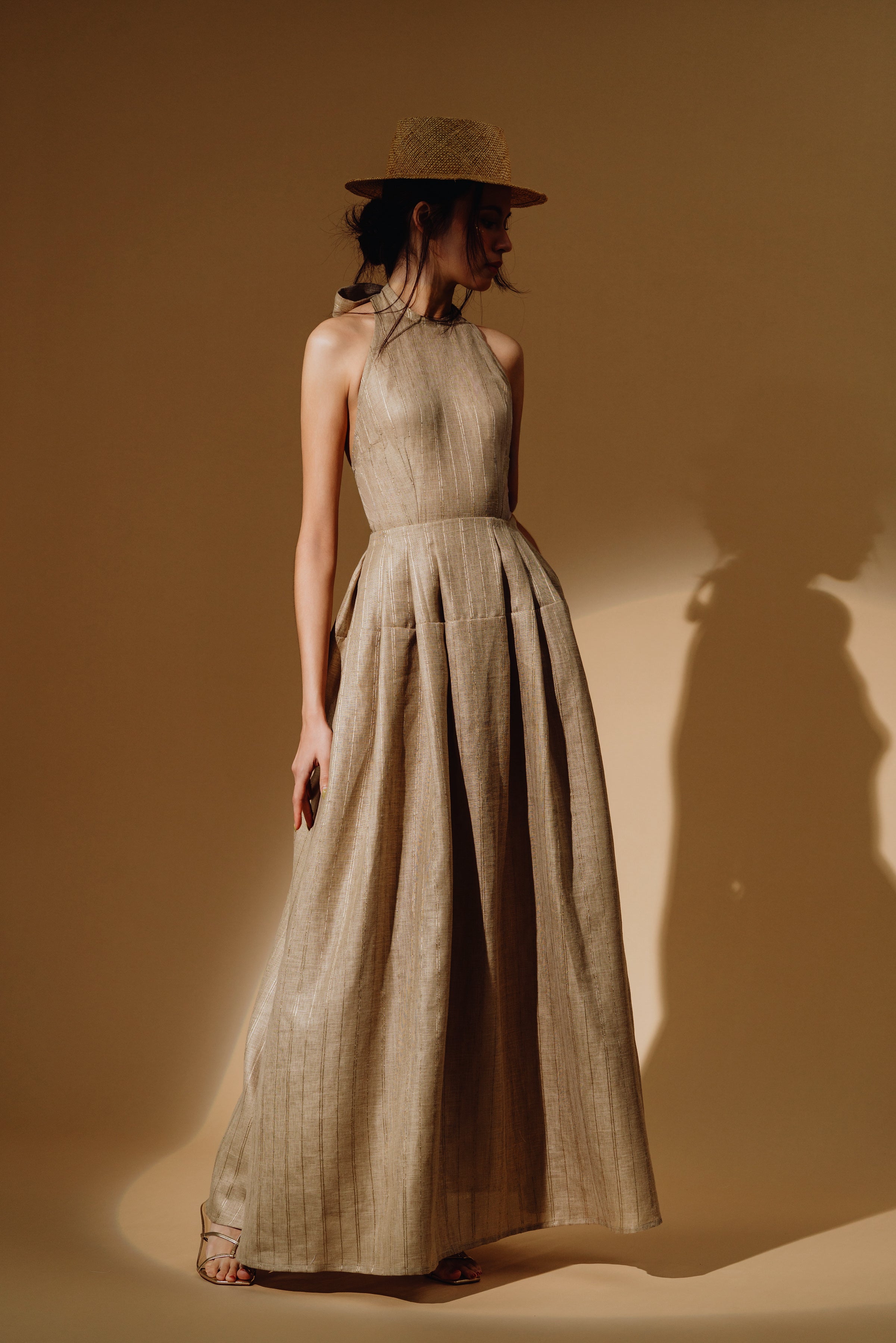 Linen Sequin Halter-Neck Maxi Dress and Bareback with Pleated Skirt